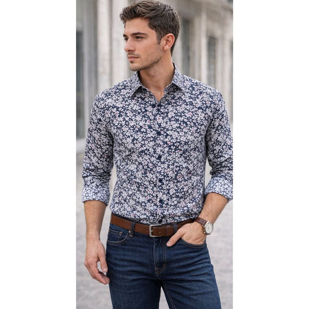 Marc Anthony Luxury Slim Fit Floral Button Down Shirt Men’s L Cotton Stretch